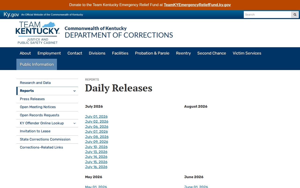Owen County released inmate Kentucky DOC Daily Releases archive